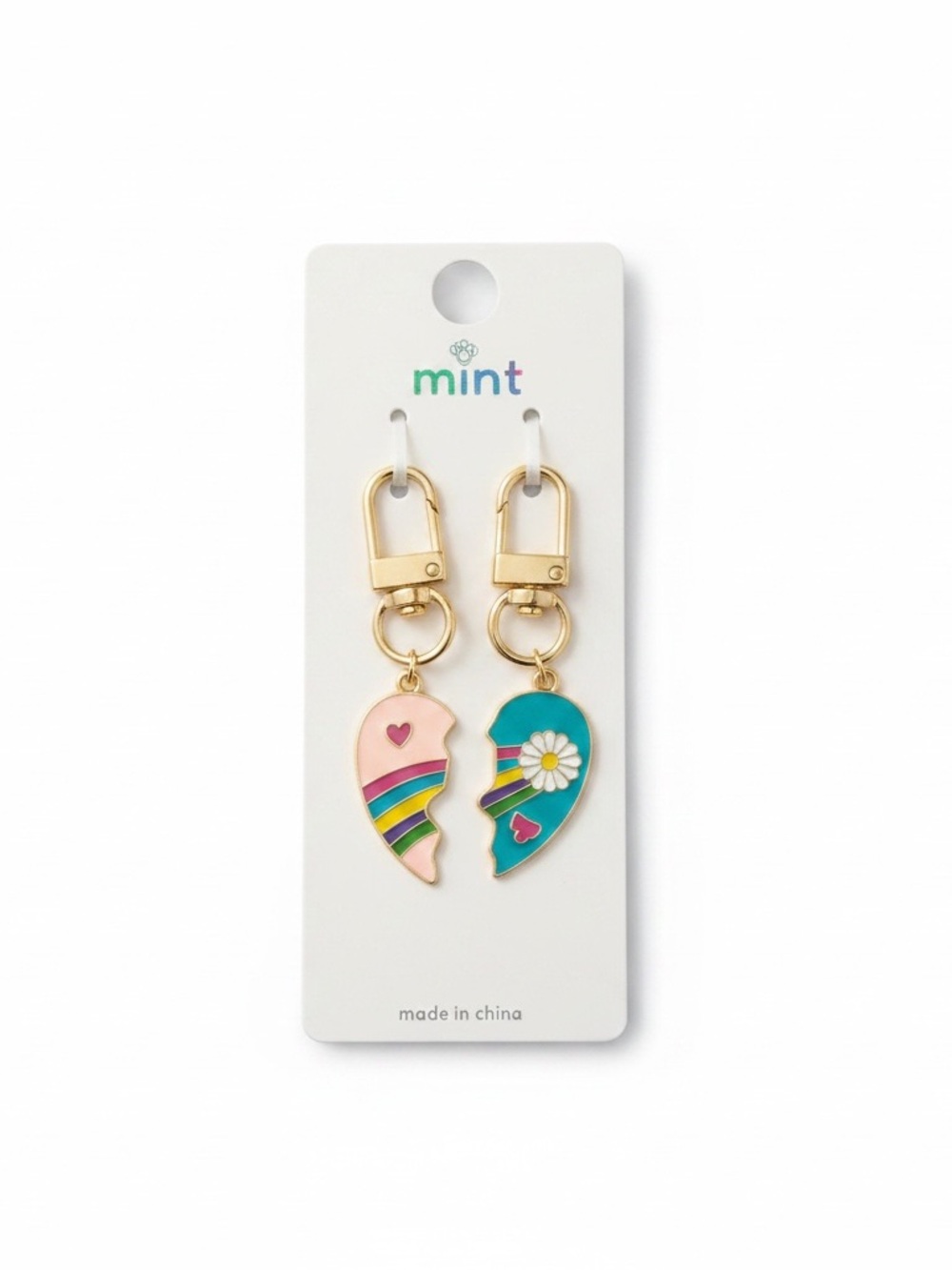 New Mint Heart Flower Best Friends Bag Charms / Keychains Set Gold Tone Gift